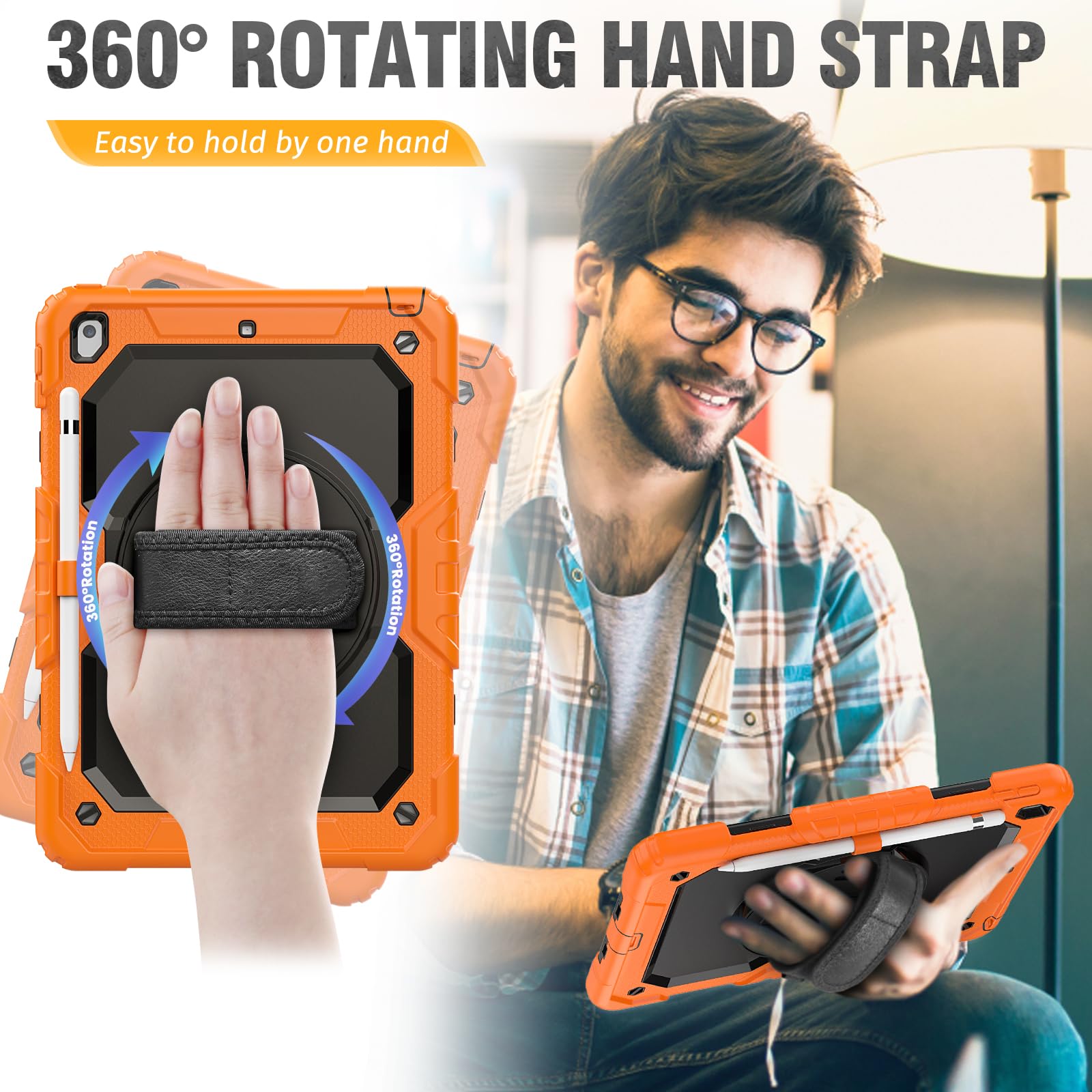 HXCASEAC Case for iPad 9th/8th/7th Generation 10.2 inch, with Pencil Holder, Screen Protector, Hand Strap, Heavy Duty Protective for iPad 9/8/7 Case 10.2-inch 2021/2020/2019, Orange