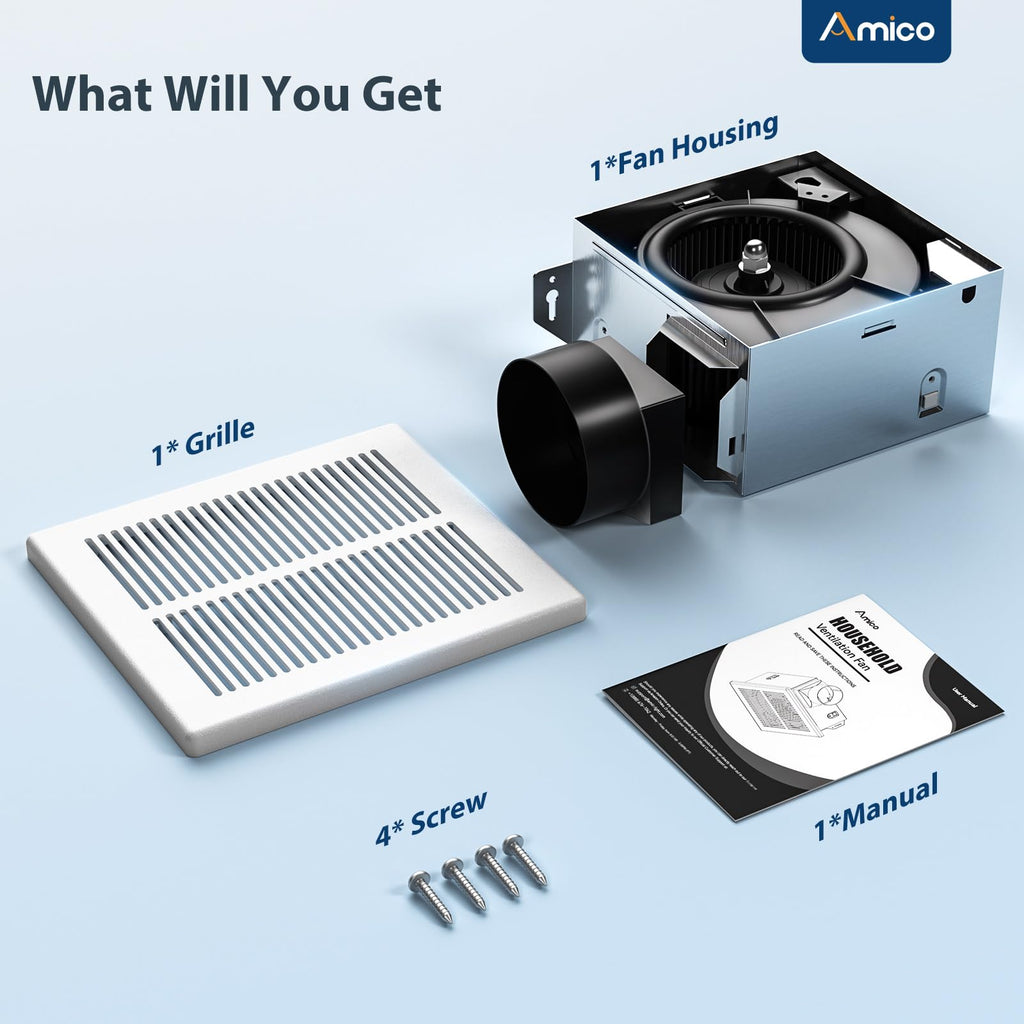 Amico Bathroom Exhaust Fan, 1.0 Sones, 80 CFM, Low Noise, Ceiling Mounted Retrofit Ventilation Fans, 4 Inch Duct, No Attic Access Needed- UL Certified