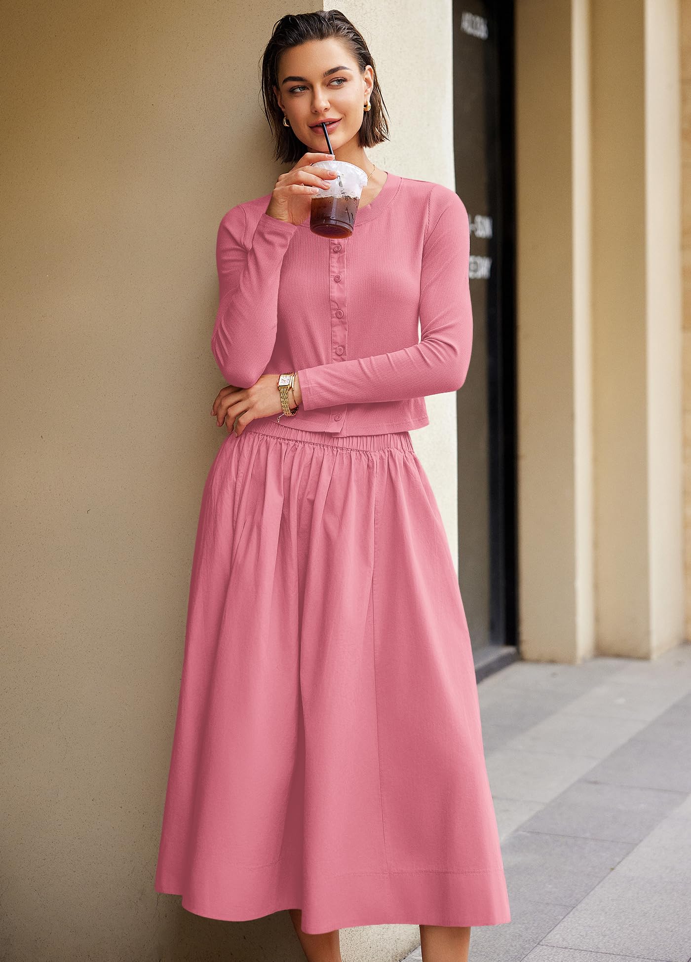 Panadila Womens 2 Piece Lounge Sets Matching Vacation Outfits Ribbed Button Down Cardigan and Elastic Waist Skirt Sets