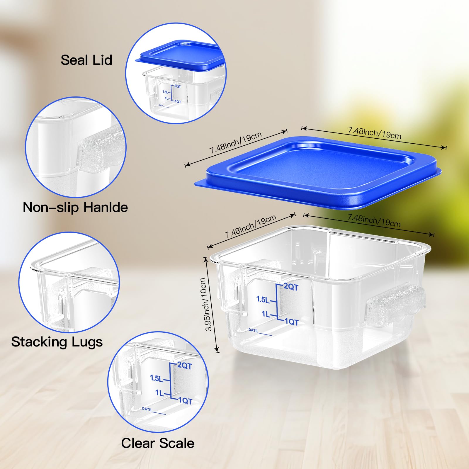 6 pcs 2qt Food Storage Containers with Lid, Square Clear Commercial Storage Containers with Handle and Scale for Food Storage in Home Kitchen & Dining (Green)