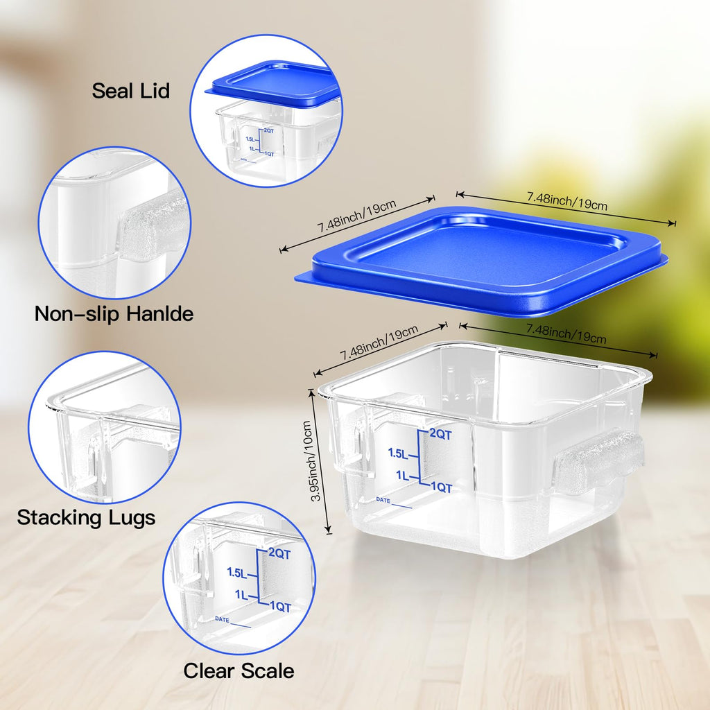 6 pcs 2qt Food Storage Containers with Lid, Square Clear Commercial Storage Containers with Handle and Scale for Food Storage in Home Kitchen & Dining (Green)