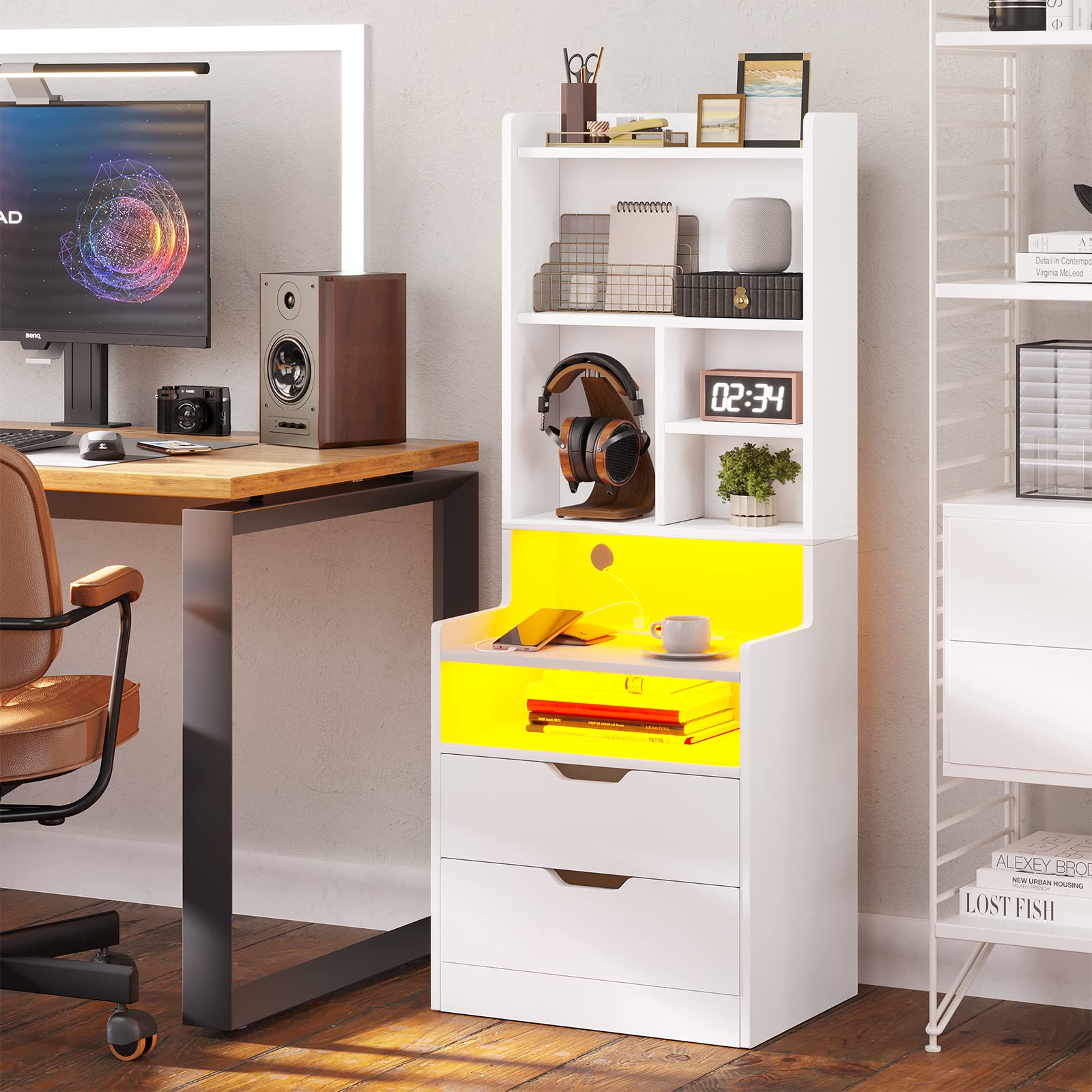 BTHFST Tall Nightstand with LED Lights and Charging Station, LED Black Nightstand with Shelves and 2 Drawers, Bedside Table with Bookshelf, Tall Side End Table with Storage