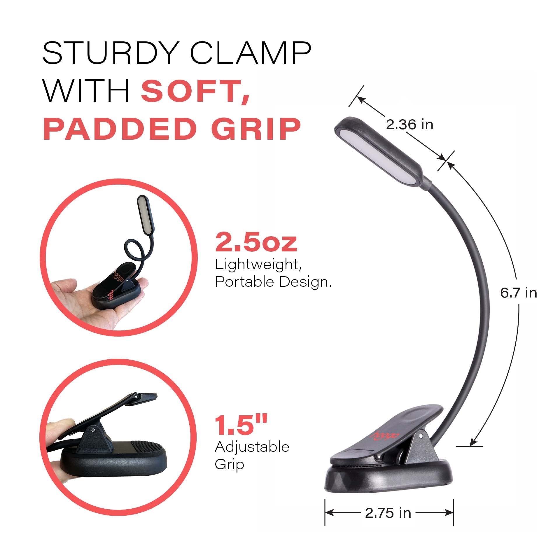 hooga Red Book Light, Rechargeable Clip On 625nm LED Light for Reading in Bed. No Blue Light Emitted, Eye Care Light for Strain-Free, Healthy Eyes. Gift for Students, Kids, Travel, Nursing, Studying.