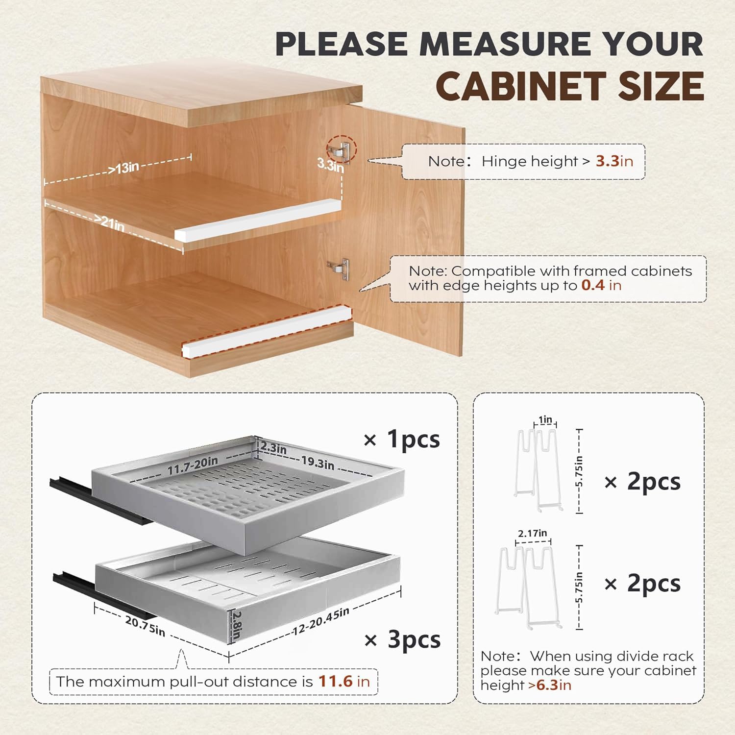 Seinloes 4 Pack Pull Out Cabinet Organizers 21" Deep With Raising Pad for Framed Cabinets, Expandable Width (15.2"-26.3") Slide Out Drawers Upgrade 3 Slide Rails, Roll Out Shelves Adhesive, Black