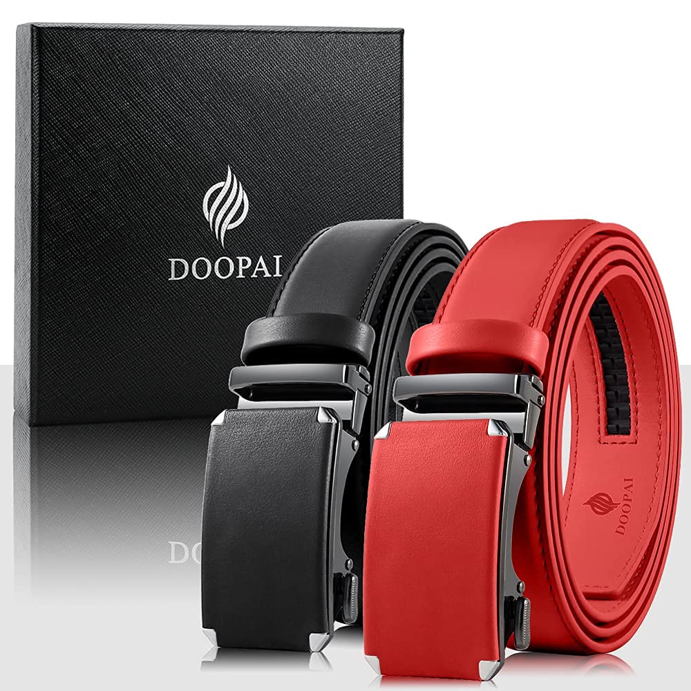 DOOPAI Men's 2 Pack Ratchet Dress Belt - Adjustable 1 3/8" Genuine Leather, Size Length Can Be Cut, With Gift Box