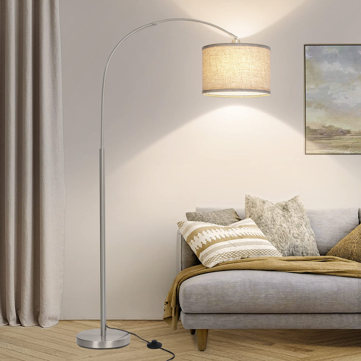 Rattan Floor Lamp, Arc Floor Lamps for Living Room, Farmhouse Standing Lamp with Adjustable Hanging Fabric Shade, Tall Pole Lamp with Foot Switch, Over Couch Arched Reading Light for Bedroom, Office
