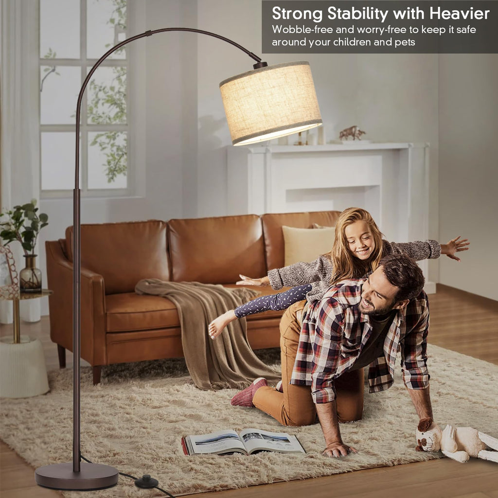 Rattan Floor Lamp, Arc Floor Lamps for Living Room, Farmhouse Standing Lamp with Adjustable Hanging Fabric Shade, Tall Pole Lamp with Foot Switch, Over Couch Arched Reading Light for Bedroom, Office