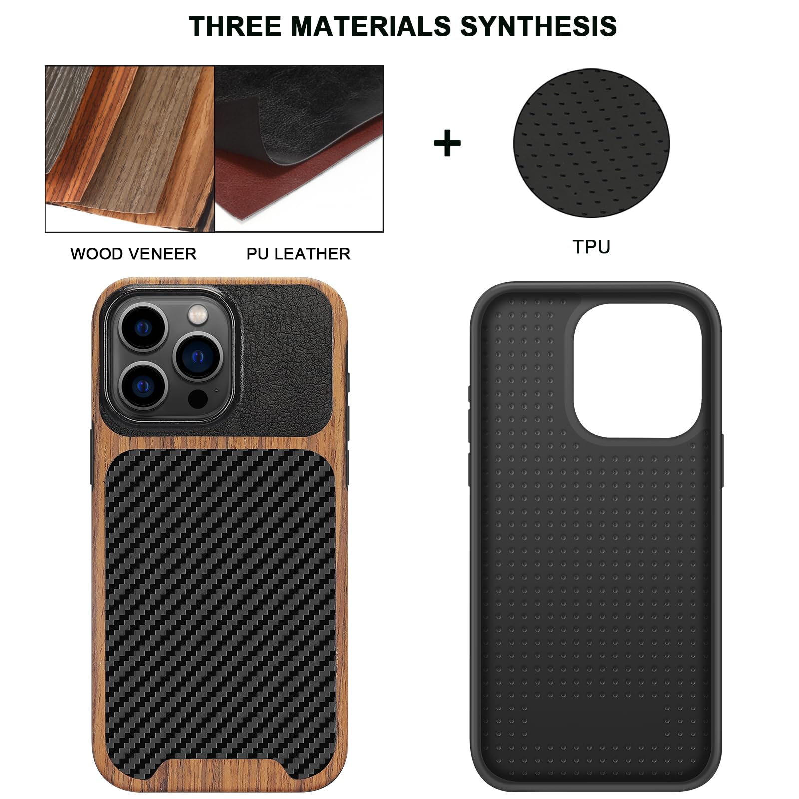 TENDLIN Compatible with iPhone 15 Case Wood Grain with Carbon Fiber Texture Design Leather Hybrid Slim Case (Black)