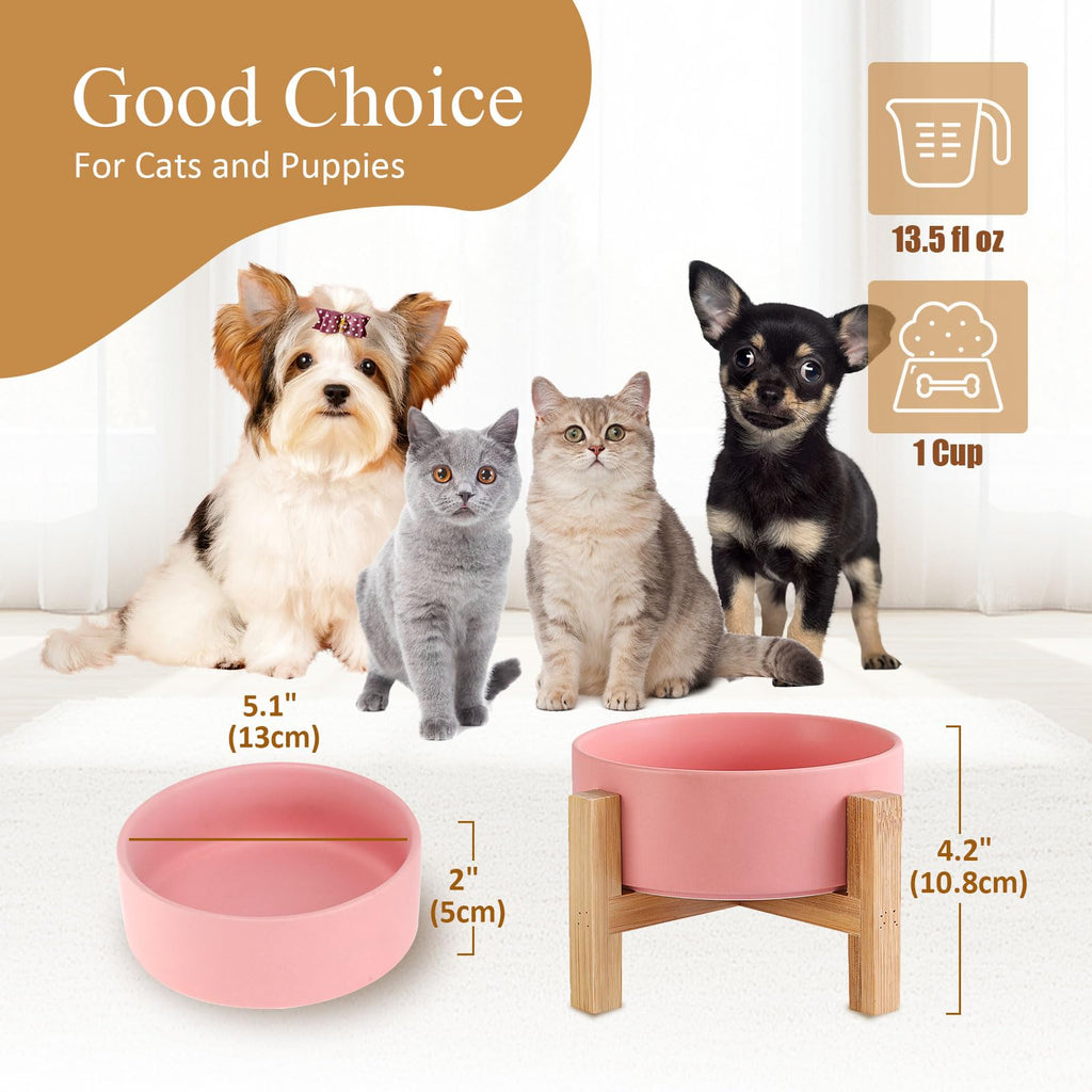 Raised Ceramic Cat Bowl - Cat Food Bowl with Bamboo Stand - Elevated Dog Food Dish for Puppies - Comfort Eating - 13.5 oz - 400 ml - Green