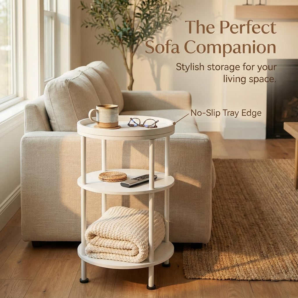 Small Round Side Table with Charging Station for Small Spaces, 3-Tier Accent Table with USB Ports & Power Outlets, Sofa Corner Tea Table for Living Room Nightstand Bedroom Apartment (Black)