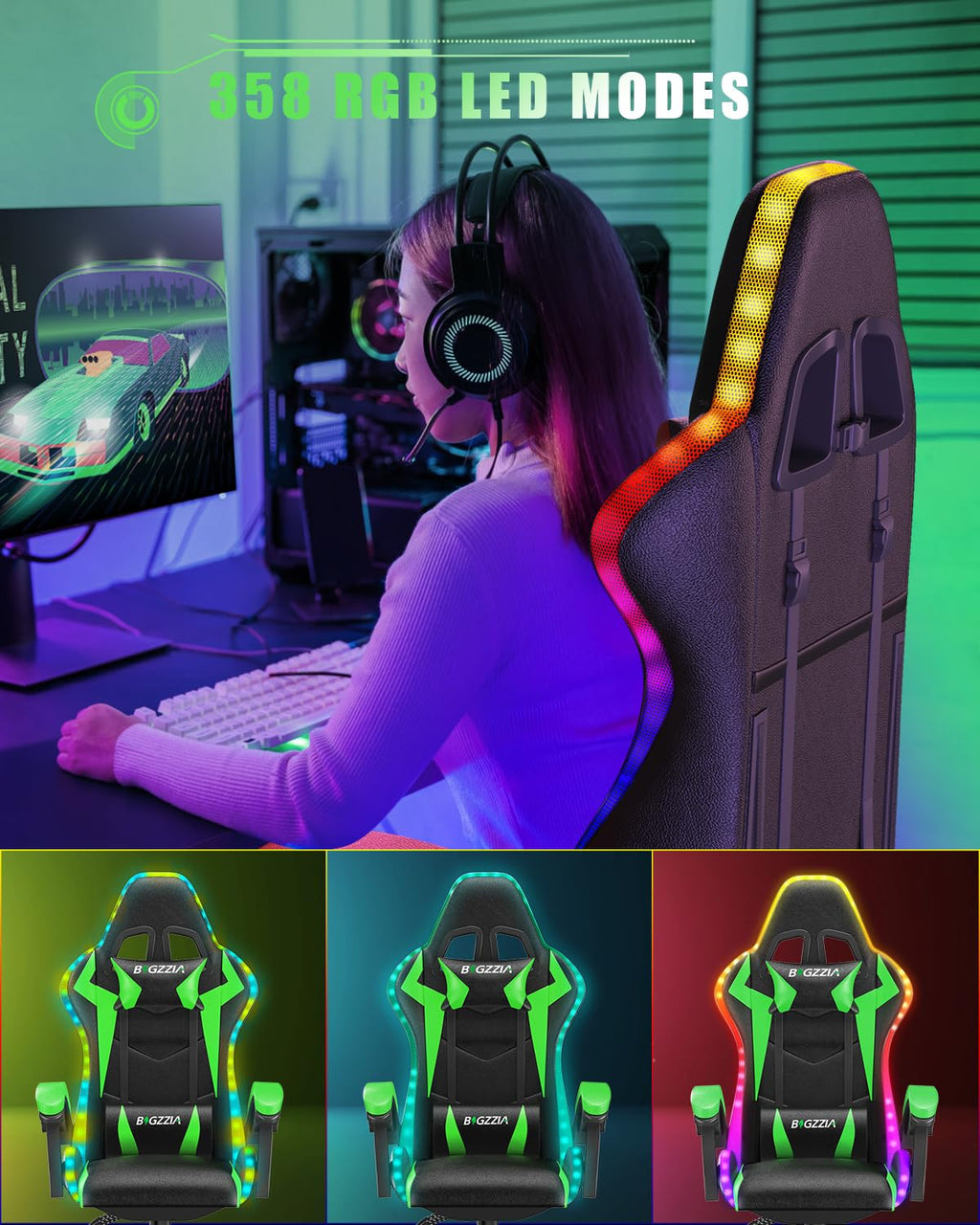 Bigzzia Gaming Chair with RGB LED Lights for Kids & Adults, High Back Ergonomic Computer Gamer Chair with Headrest and Lumbar Support, Racing Style Reclining Game Chair(Black)