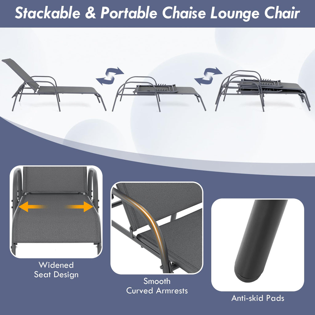 Giantex Patio Lounge Chair, Outdoor Chaise Lounge with 5 Adjustable Backrest, Sturdy Steel Frame, Sunbathing Recliner, Beach Chair, Tanning Chair for Outside, Yard, Balcony, Pool Chairs, Black