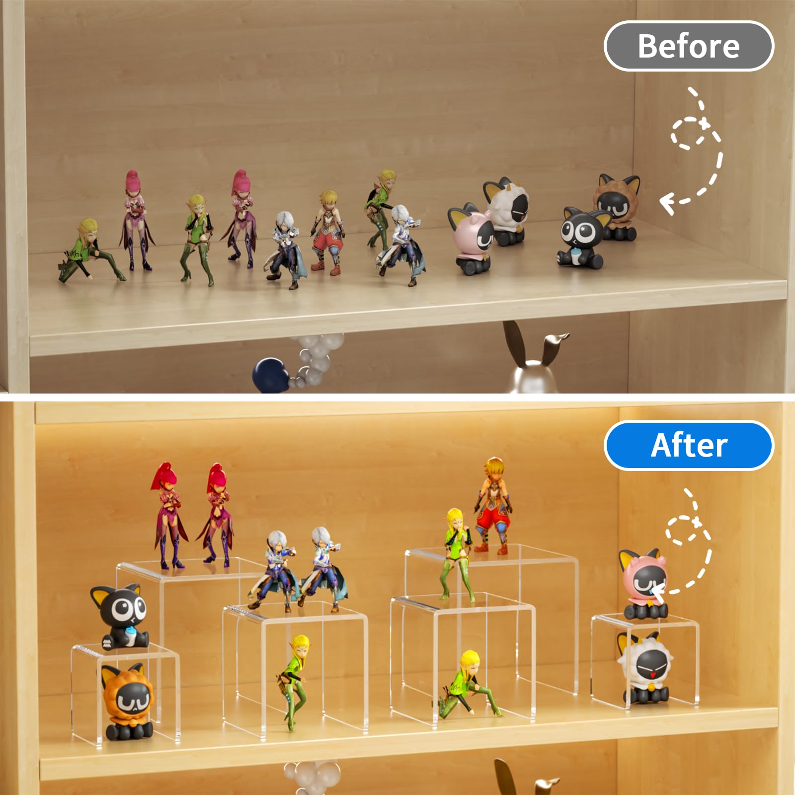 NIUBEE Acrylic Display Risers Stand 2 Sets,3 Steps Clear Riser Shelf Showcase for Amiibo Funko POP Figures -3"x3"x4"