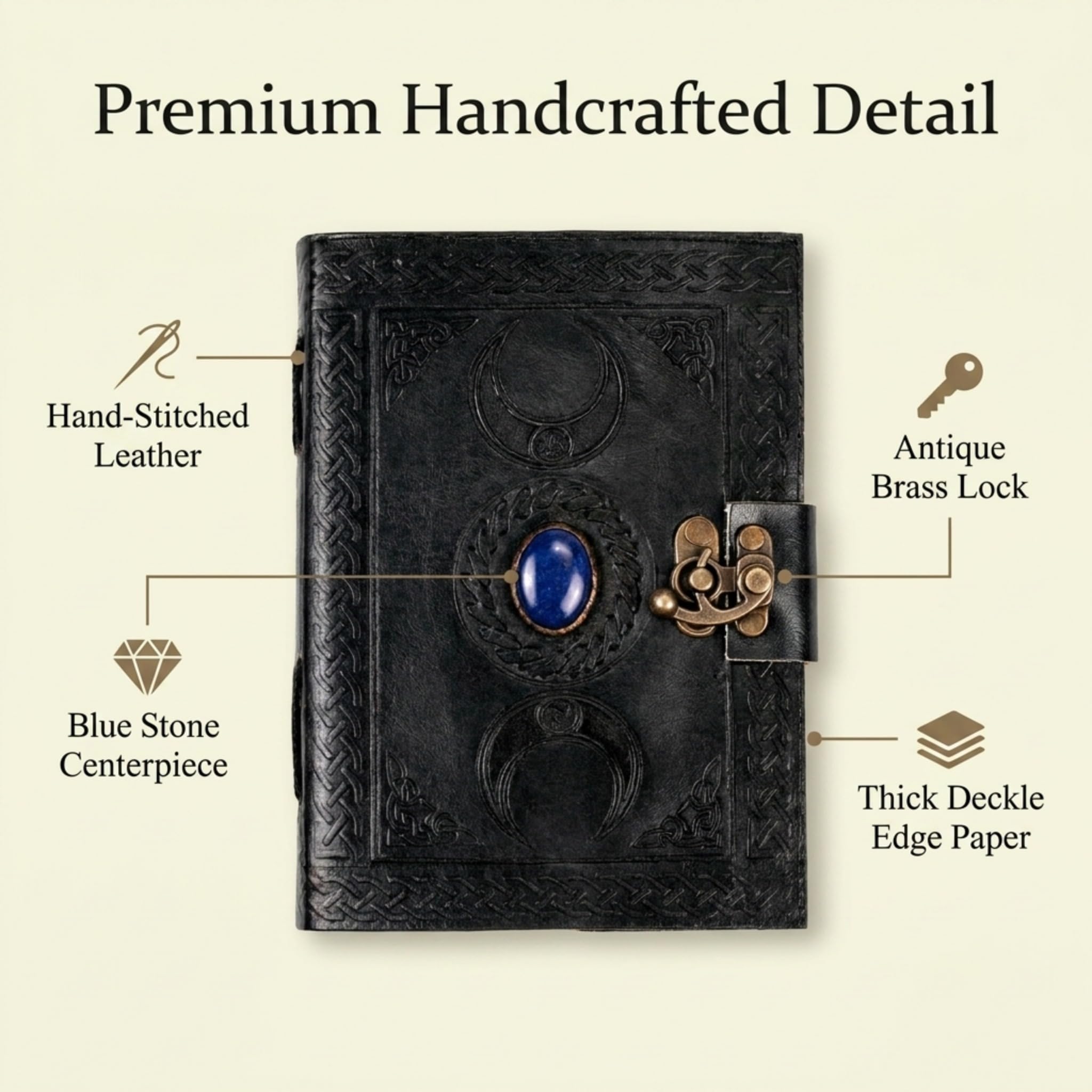 3 Moon Blue Lapis Embossed Vintage Leather Journal | 240 Pages of Antique Handmade Deckle Edge Vintage Paper, Leather Sketchbook, Drawing Journal, Great Gift (5 by 7 inch, black)
