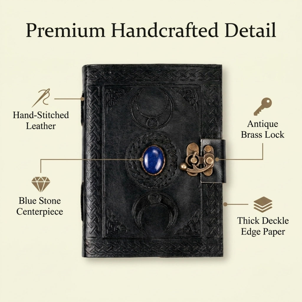 3 Moon Blue Lapis Embossed Vintage Leather Journal | 240 Pages of Antique Handmade Deckle Edge Vintage Paper, Leather Sketchbook, Drawing Journal, Great Gift (5 by 7 inch, black)