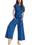 Antnation Womens 2 Piece Smocked Top Wide-Leg Pants Set High-Waisted Lounge Outfit with Pockets Casual Boho Matching Set