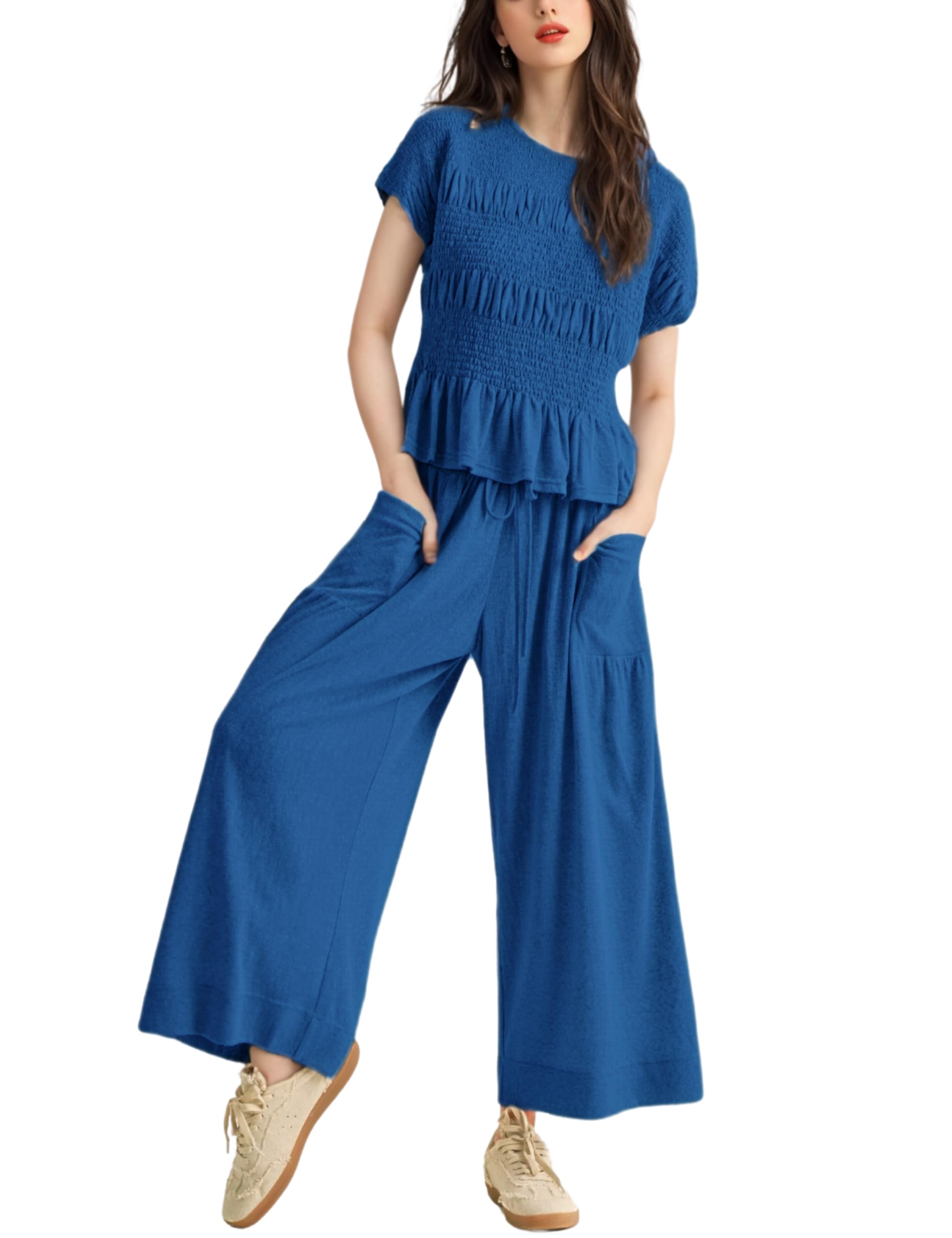 Antnation Womens 2 Piece Smocked Top Wide-Leg Pants Set High-Waisted Lounge Outfit with Pockets Casual Boho Matching Set