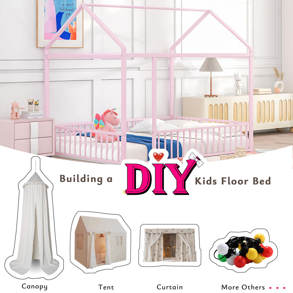 Bellemave Twin Size Montessori Floor Bed, Metal House Bed Framefor Kids, Montessori Floor Beds with Fence, Playhouse for Kids,Black