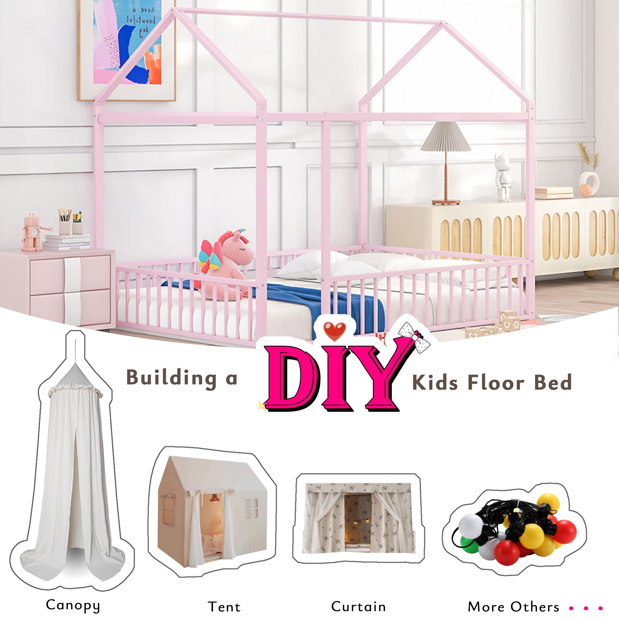 Bellemave Twin Size Montessori Floor Bed, Metal House Bed Framefor Kids, Montessori Floor Beds with Fence, Playhouse for Kids,Black
