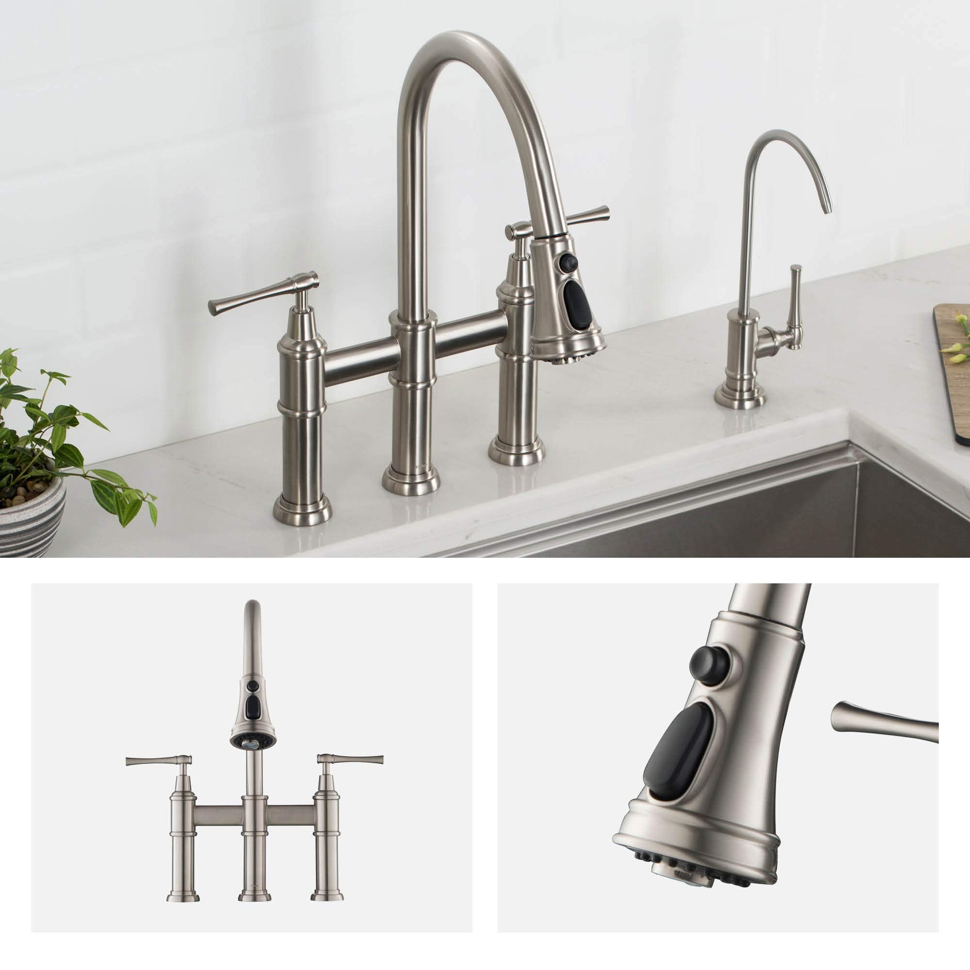 KRAUS Allyn Transitional Bridge Kitchen Faucet with Pull-Down Sprayhead in Brushed Gold, KPF-3121BG