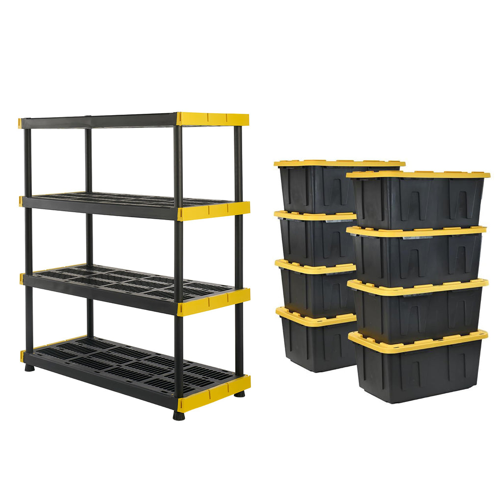 CX Black & YELLOW, Shelving Unit and Heavy Duty Storage Containers, Extremely Durable (Shelf + 27 Gallon Container (4-Pack))