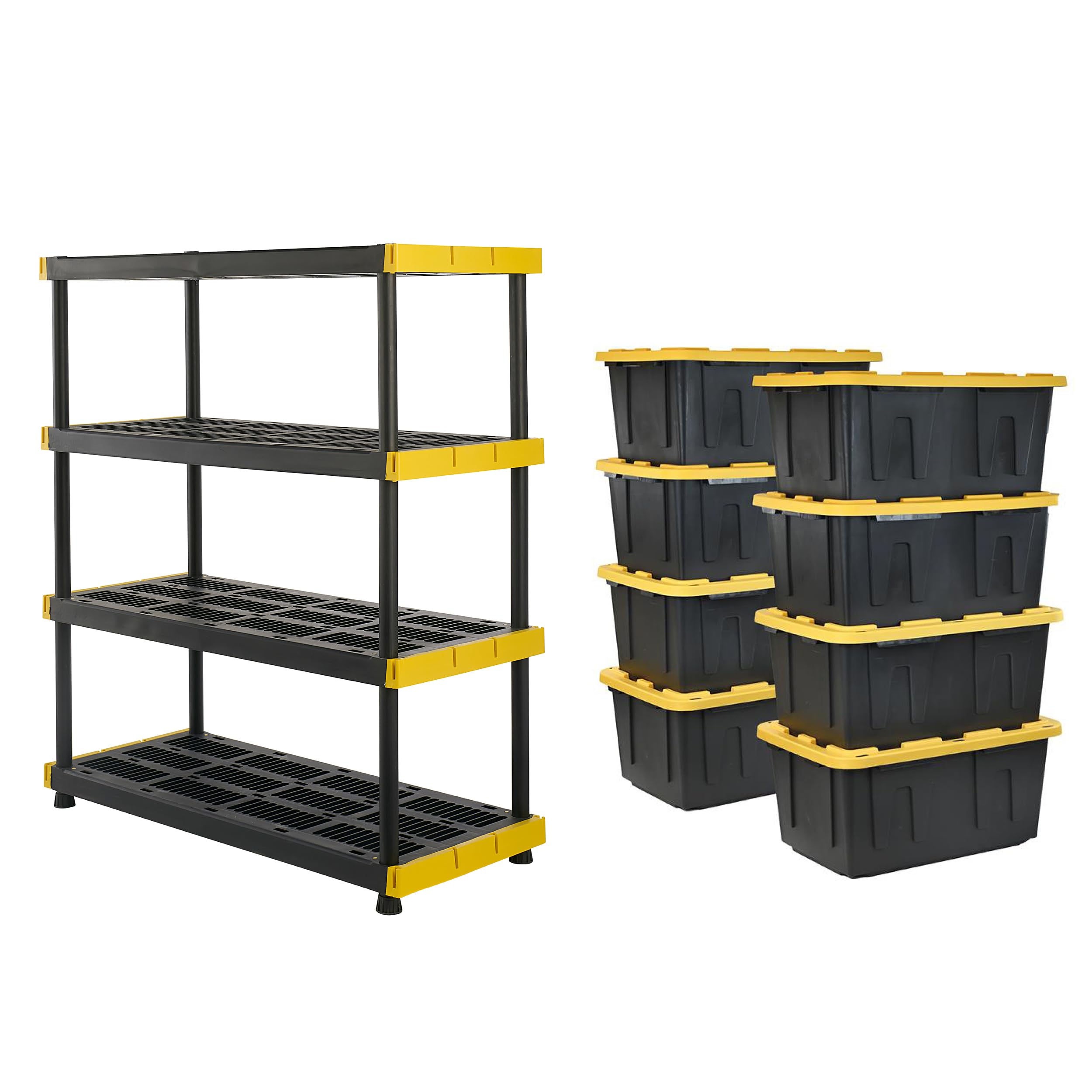 CX Black & YELLOW, Shelving Unit and Heavy Duty Storage Containers, Extremely Durable (Shelf + 27 Gallon Container (4-Pack))