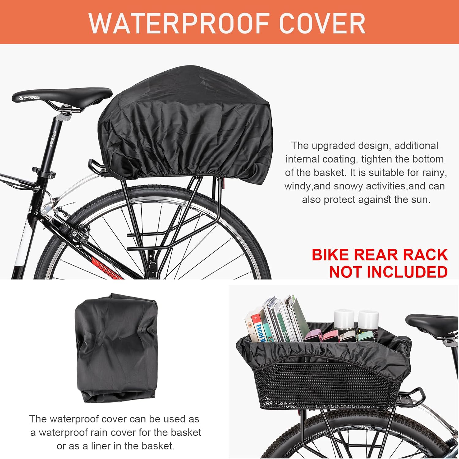 Rear Bike Basket - Large Bicycle Rear Basket with Cargo Net and Waterproof Cover, Wire Bike Baskets Rear Large Capacity (NO Bike Rack Included)