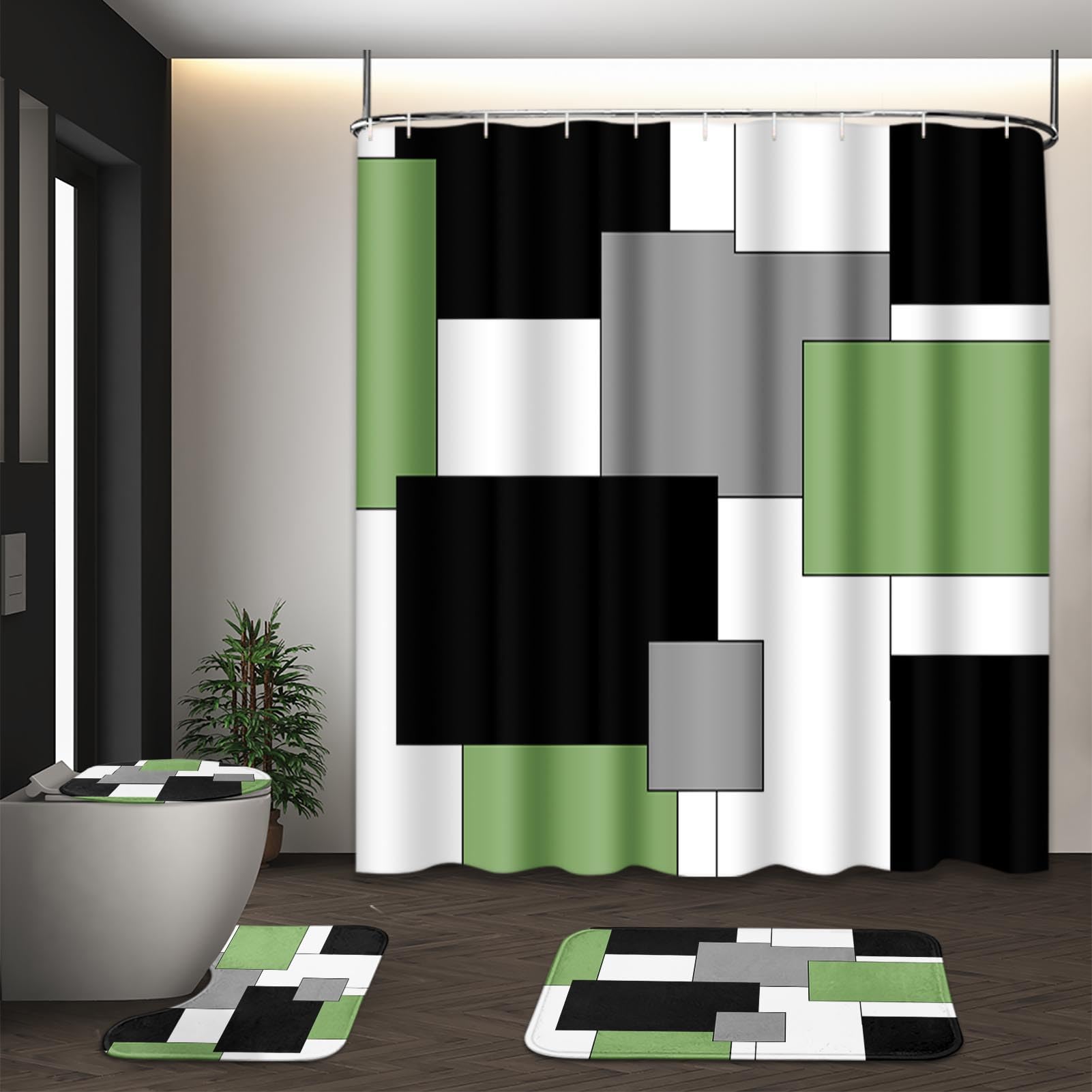 Beige Geometric Shower Curtain Set with Toilet Lid Cover and Non-Slip Rugs for Bathroom, Black Grey White Checkered 4 Pcs Shower Curtain, Modern Abstract Bathroom Set with 12 Hooks
