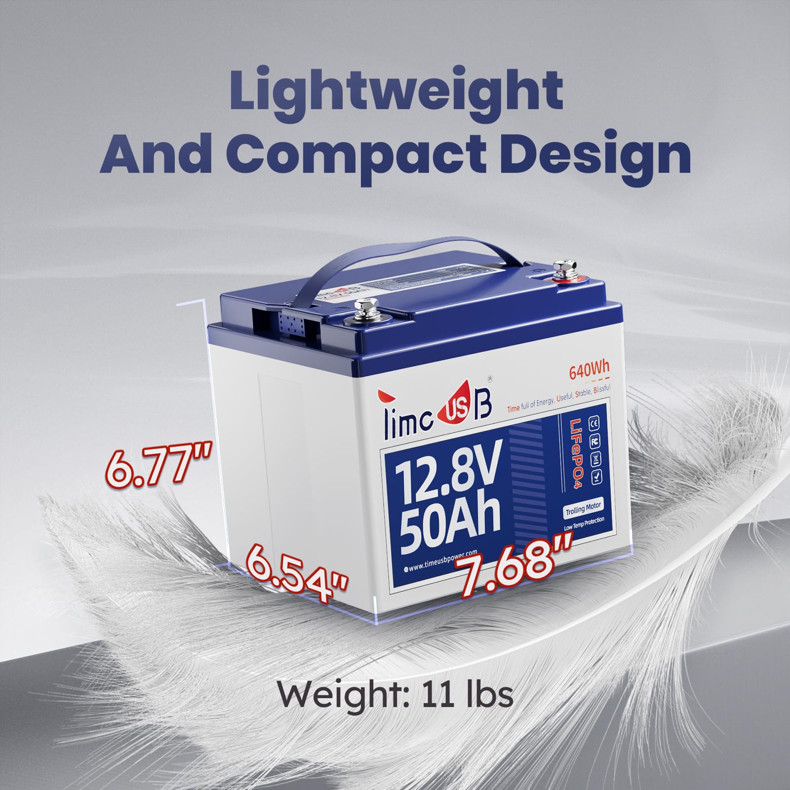 Timeusb 12V 50Ah Trolling Motor LiFePO4 Lithium Battery with Low-Temp Protection, 15000 Deep Cycle, Max. 60A Current at 30mins, 12V Battery for 20~70lb Boat Motor, Fish Finder, Instrument Panel etc.