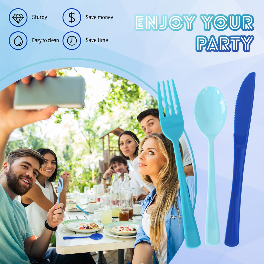 150 Pack Plastic Silverware,Disposable Cutlery Set Heavy Duty Utensil Sets 50 Forks 50 Knives 50 Spoons for Brithday, Wedding,Home School Party Picnics Restaurant Outdoor Events (Black)