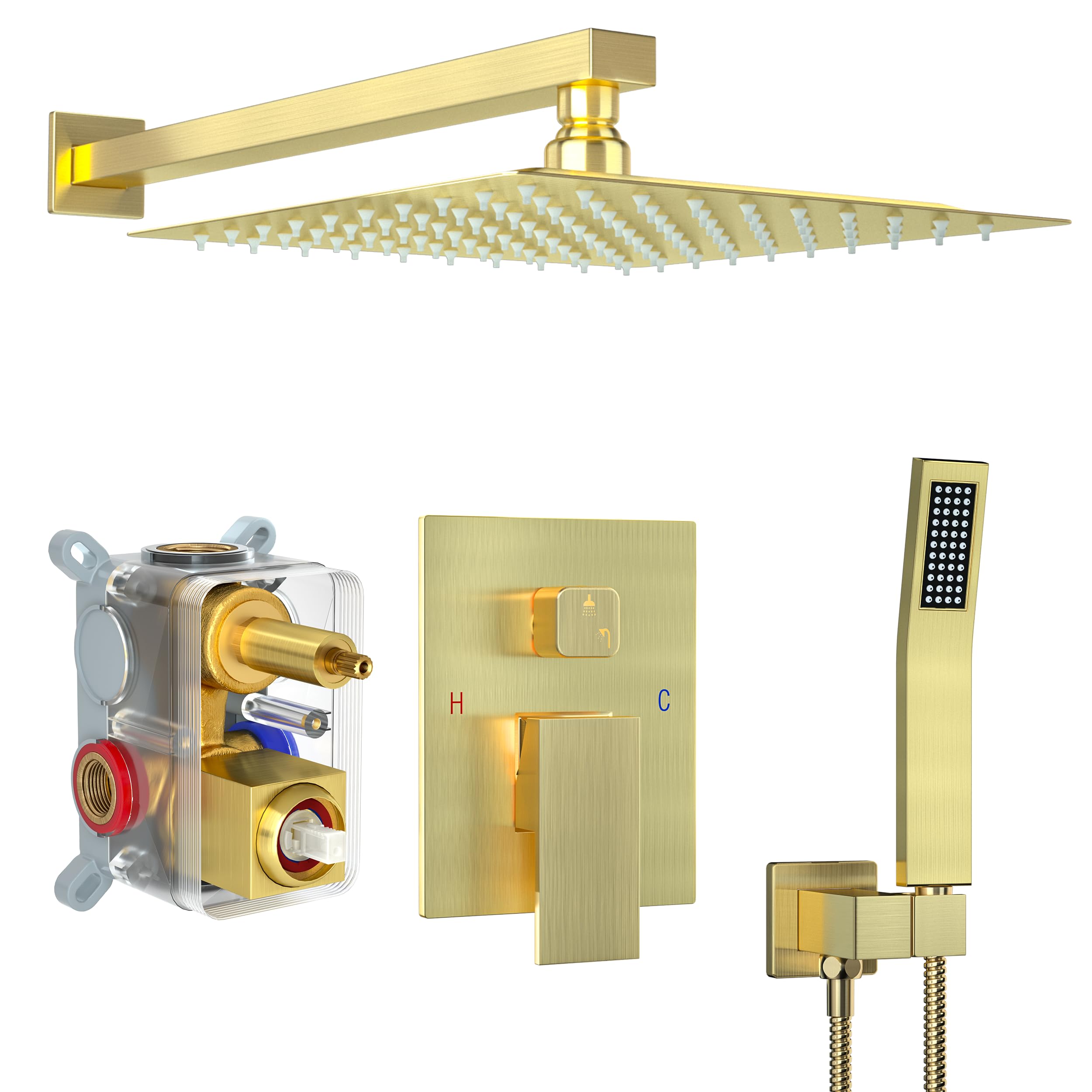 Brushed Gold Shower System with 10-Inch Rain Showerhead and Tub Spout | cUPC-certified pressure balance brass valve to prevent scalding, CEC-certified air injection technology for low pressure