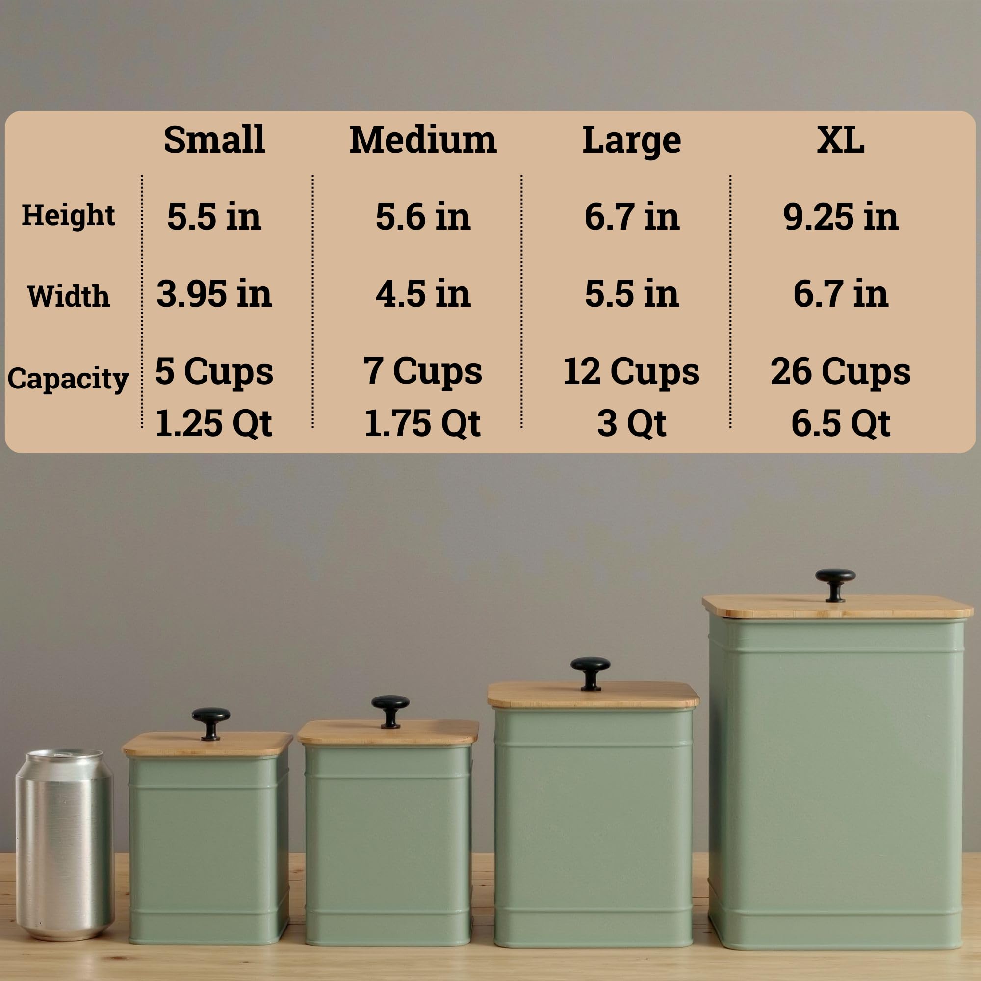 Kitchen Canisters for Countertop Set of 4 w/ Chalkboard Labels & Marker Pen | Airtight Easy Open Bamboo Lids, Dent-Resistant Thick Metal, Customizable Chalkboard Labels, Marker Pen Included, Set of 4