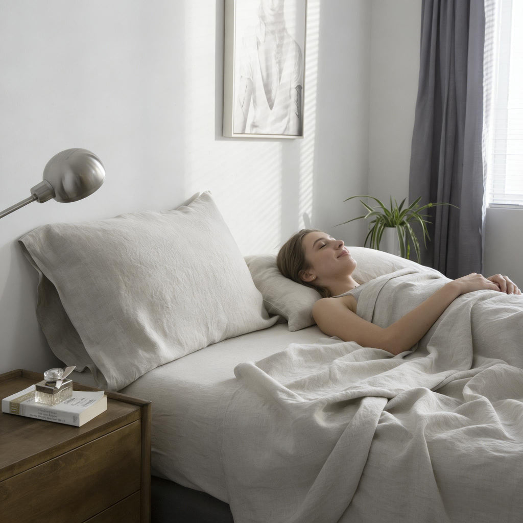 Simple&Opulence 100% Pure Linen Sheet Set Twin Size, Natural French Flax Solid Color 3 Pcs Washed Breathable, Farmhouse Bedding (1 Flat Sheet,1 Fitted Sheet,1 Pillowcase)-Embroidery Dark Grey