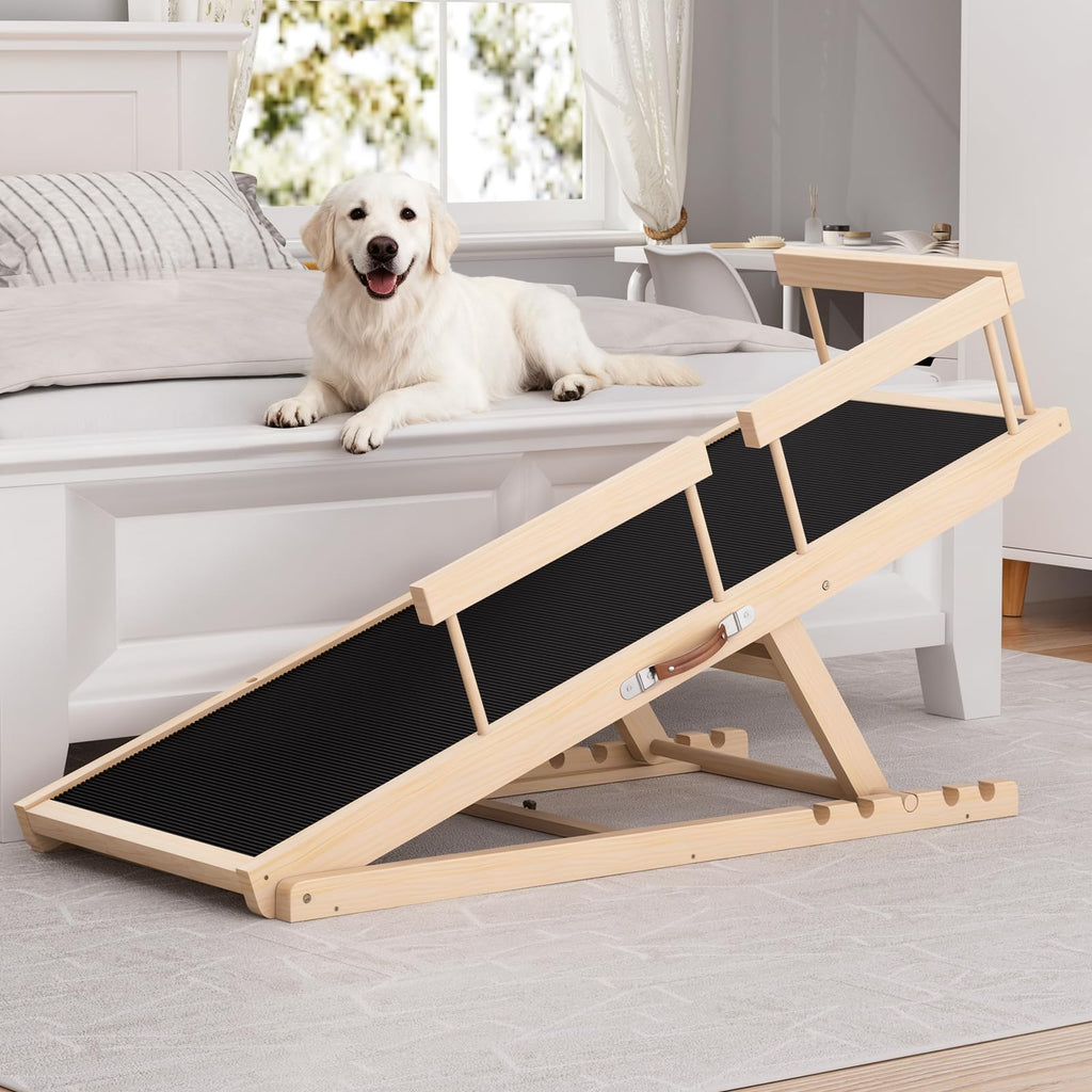 Dog Ramp for Couch, Wooden Pet Ramps 39.37" Long Adjustable 12"-20.47" Folding Puppy Ramps with Anti-Slip Rubber Mat, Dog Stairs for Small & Medium Older Dogs & Cats, up to 100lbs