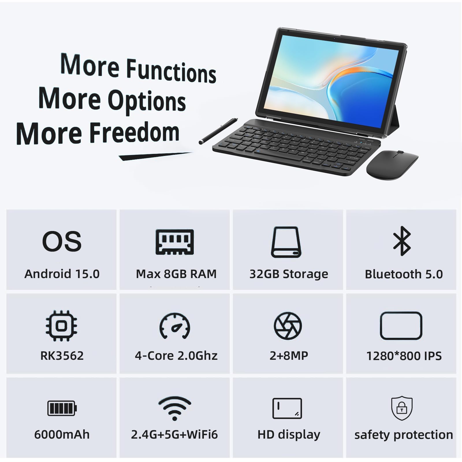 Android 15 | Tabalet with Keyboard | Tablet 10 inch | 2 in 1 Tablet | 8GB+32GB+2TB Expand | 1280 * 800 IPS Touch Screen Computer | 5G WiFi 6, L1 | Long Battery Life Tablet （Black）