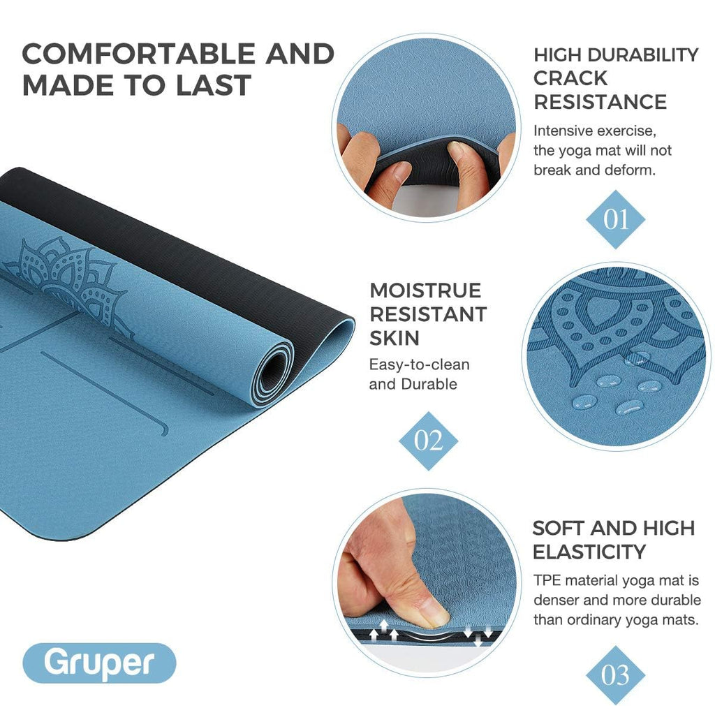 Gruper Yoga Mat Non Slip TPE Extra Wide Yoga Mat with Alignment Mark, 72"L x 32"W x 0.32"/0.24"Th (183cm x 80cm x 8mm/6mm), Anti-Tear Exercise Mat with Carrying Strap and Bag, Workout Mats for Yoga, Pilates