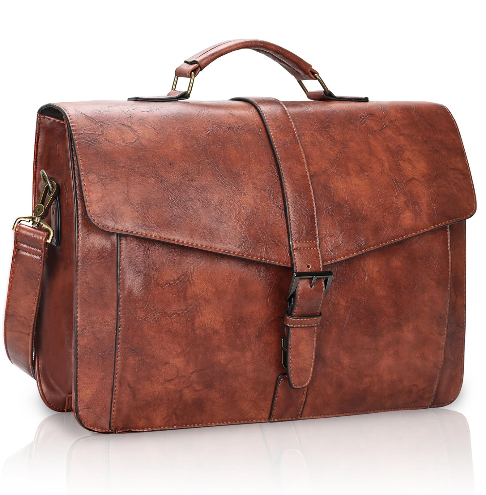 ESTARER Men's Leather Briefcase 15.6 Inch Laptop Computer Bag for Office/Business/Travel, Large Satchel Professional Pu Leather Messenger Shoulder Bag, Black