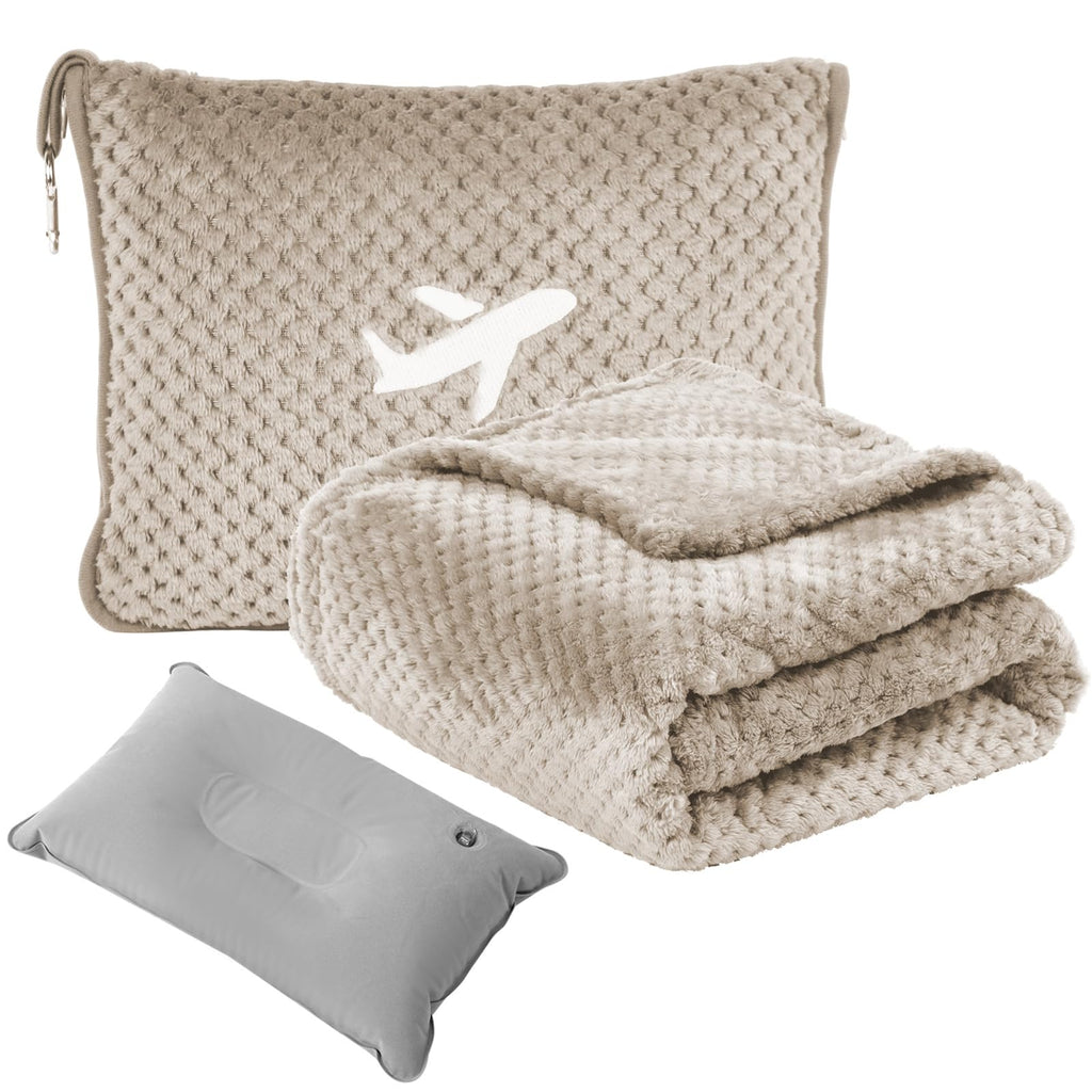 Travel Blanket Airplane Compact with Bag, Travel Essentials 3 in 1 Packable Airplane Blanket, Travel Pillow and Blanket Set, Inflatable Pillow, Luggage Sleeve & Backpack Clip (Camel)