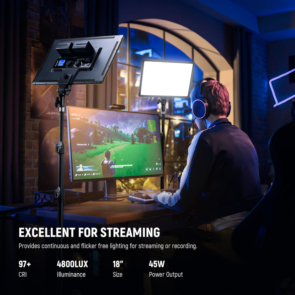 NEEWER RGB168 18.3" RGB LED Video Panel Light with App Control, Bluetooth, 2 Pack Tripod Stand Kit, 60W/360° Full Color/2500-8500K/CRI97+, Studio Photography/YouTube/Game Streaming