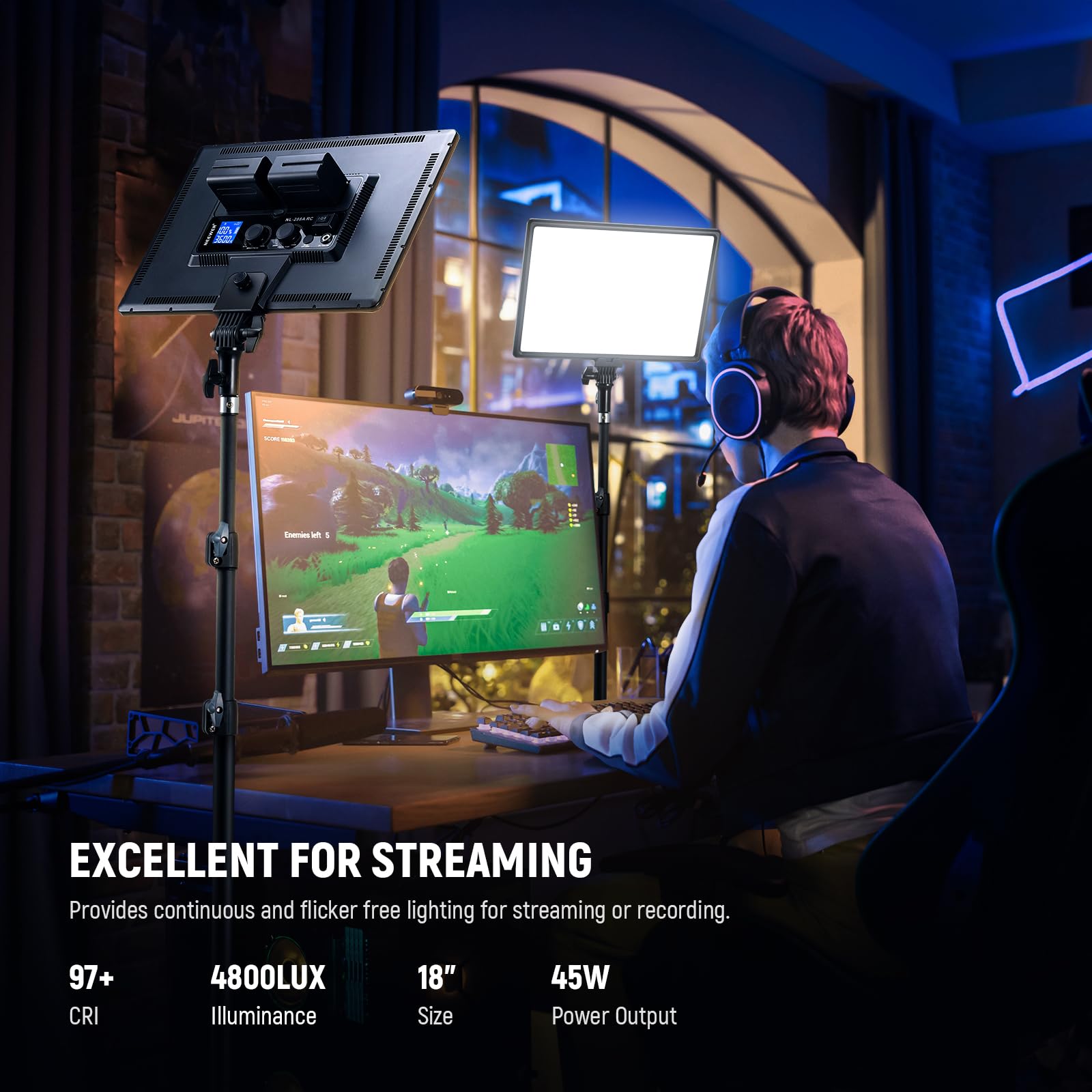 NEEWER RGB168 18.3" RGB LED Video Panel Light with App Control, Bluetooth, 2 Pack Tripod Stand Kit, 60W/360° Full Color/2500-8500K/CRI97+, Studio Photography/YouTube/Game Streaming