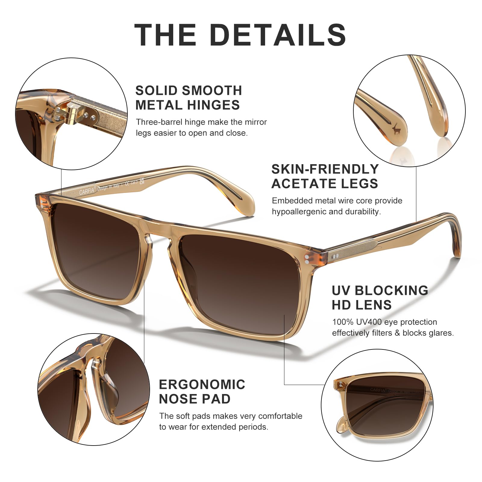 CARFIA Retro Polarized Sunglasses for Men UV Protection Hand-crafted Acetate Frame Fashion Cool Sun Glasses CA53572