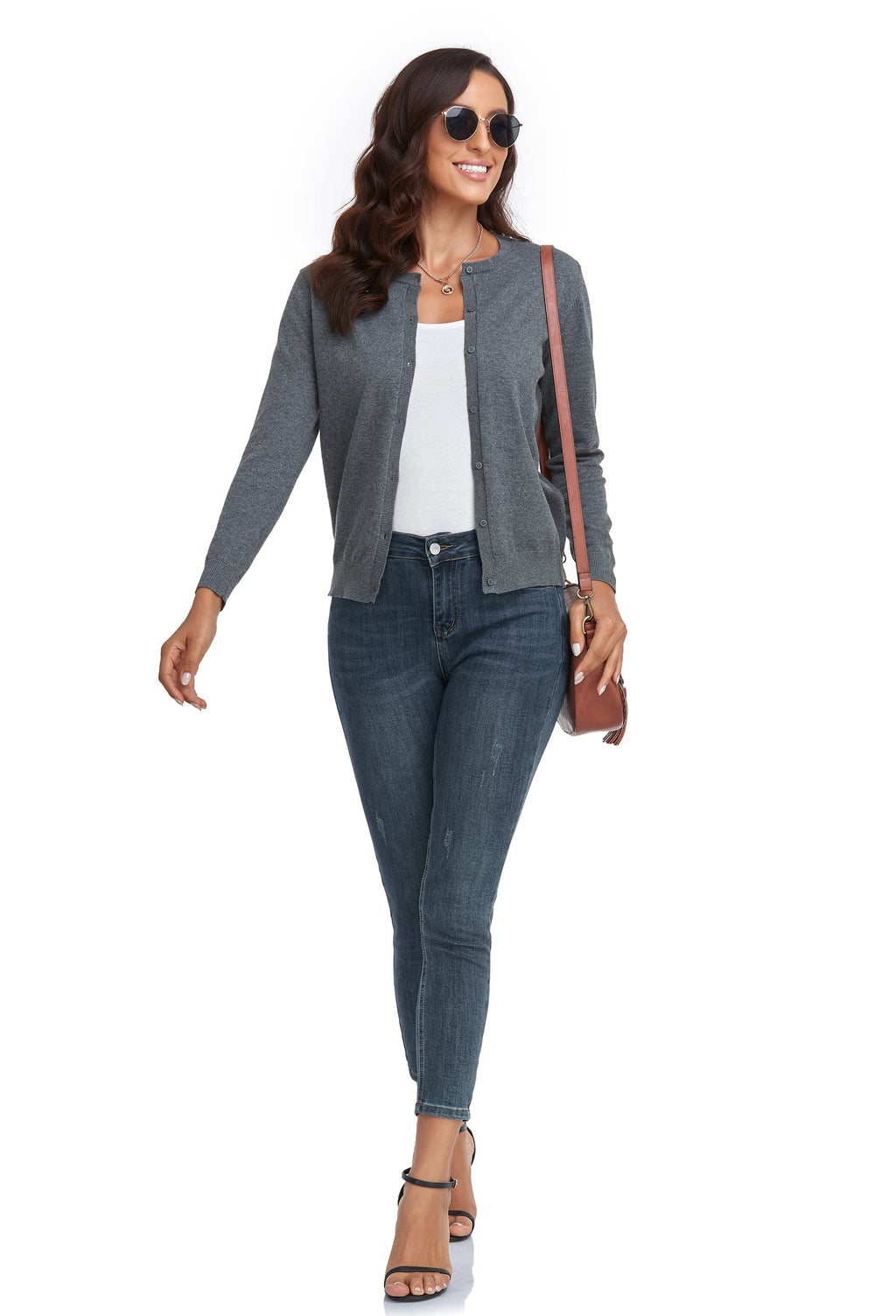 CUNYI Women's Crew Neck Cardigan Long Sleeve Sweater for Women Button Down Soft Knit Ladies Cardigan Sweates Coat