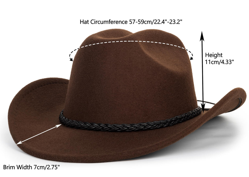 Vintage Western Cowboy Hat for Men Women - Wide Brim Cowgirl Fedora Hats with Braided Rope Band M