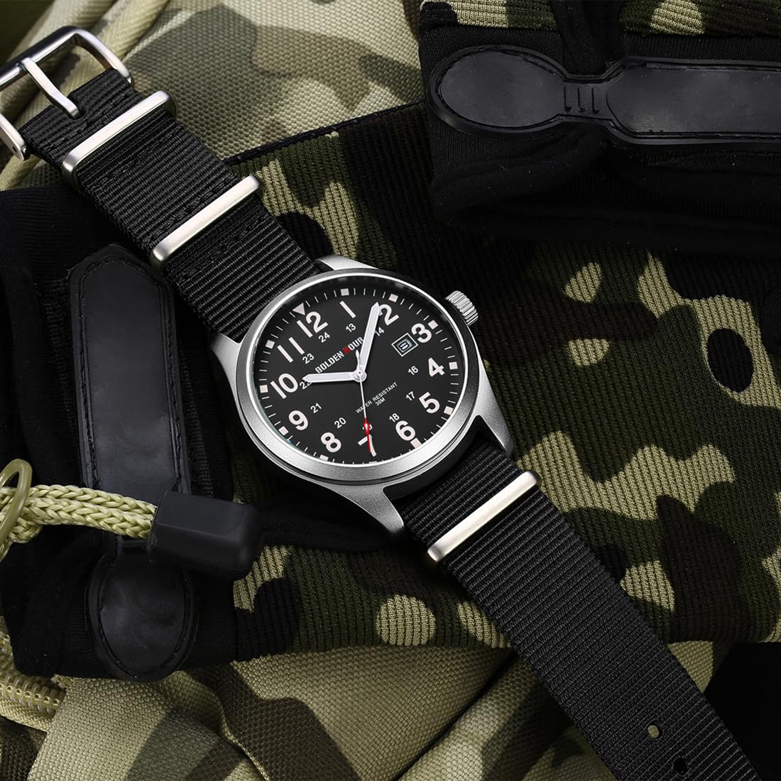 GOLDEN HOUR Men's Nylon Slip-Thru Strap Watch with Military Time Easy Read Dial Glowing Hands