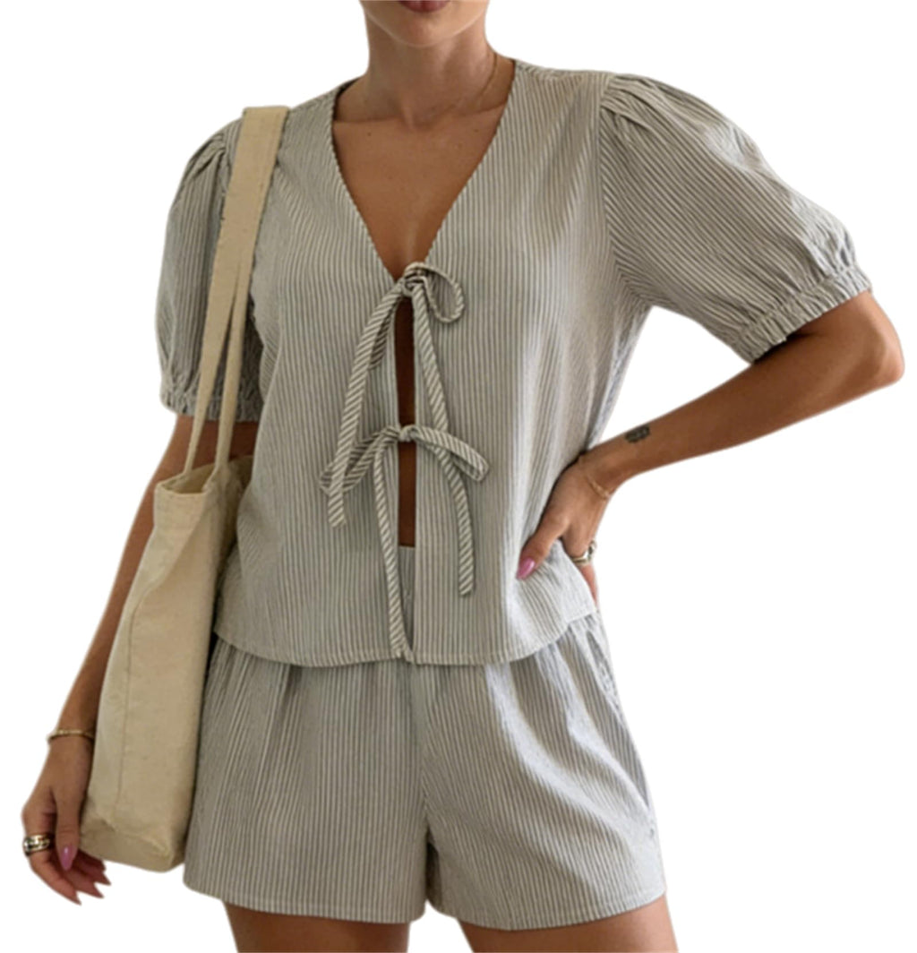 Yuemengxuan Women Y2k Peplum Shirt Shorts Set Two Piece Lounge Set Pajamas Sets Puff Sleeve Tie Front Top 2pcs Pj Outfits