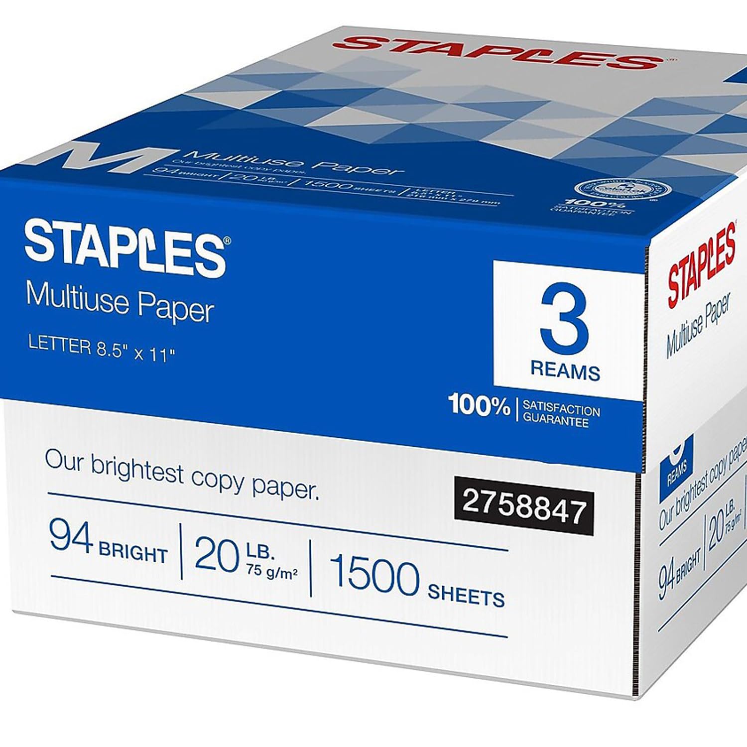 Staples Multiuse Copy Paper, 20 Lb, 94 Bright, 8 1/2" x 11", White, 3-Ream Case, For Office, School & Home