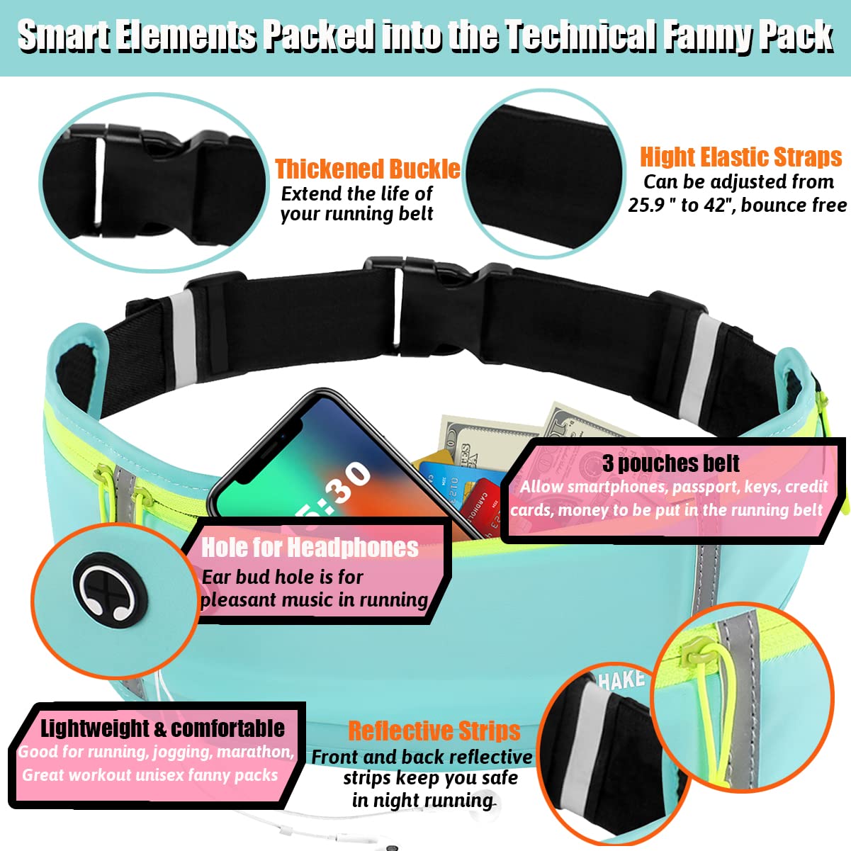 USHAKE Slim Running Belt, Workout Fanny Pack for Men Women,Exercise Waist Pack for Apple iPhone Holder, Runner Belt for Running Walking Cycling Camping Gym Black