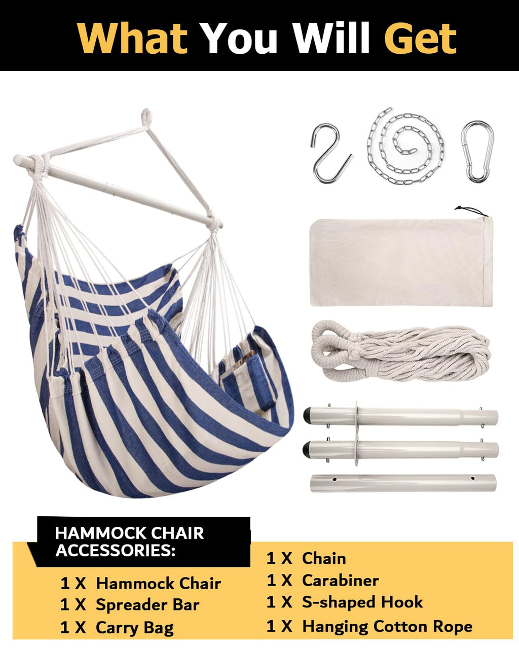 ADVOKAIR Hammock Chair Large 70.9"x47.2", 32% Bigger XXL Hanging Swing Chair with 500lbs Capacity, Heavy Duty Steel Spreader Bar, Extra Roomy Comfort for Adult Indoor Outdoor Bedroom Patio