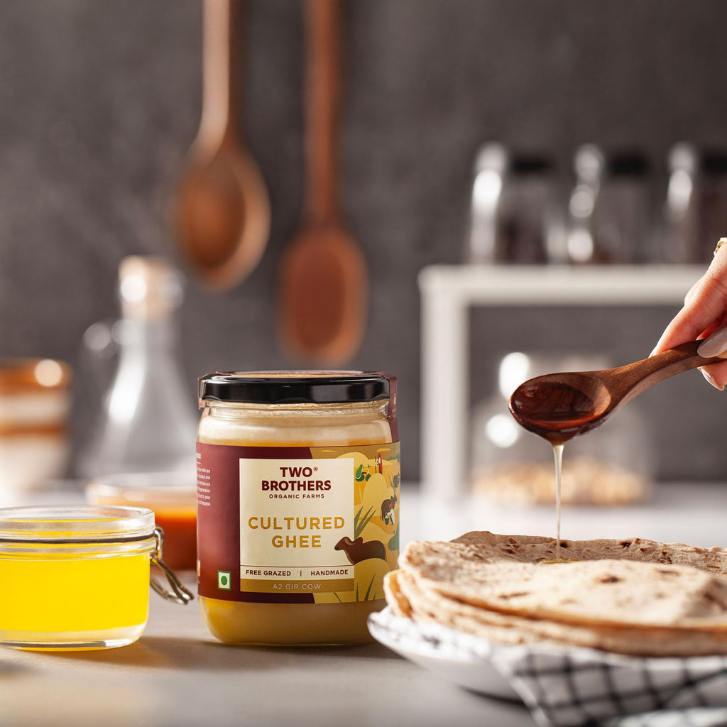Grass Fed A2 Cultured Ghee | Gir Cow Ghee | Clarified Butter | Cultured Desi Ghee,Non-GMO, Lactose-Free, Keto Friendly - Two Brothers Organic Farms (16 fl oz (500 ml) Plastic)