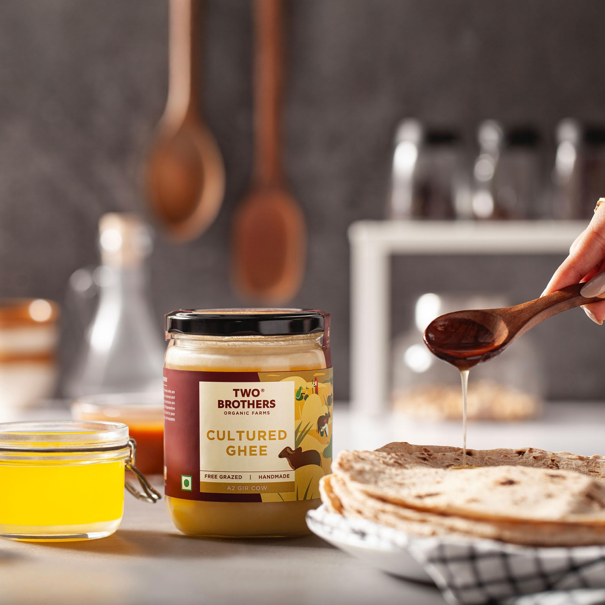 Grass Fed A2 Cultured Ghee | Gir Cow Ghee | Clarified Butter | Cultured Desi Ghee,Non-GMO, Lactose-Free, Keto Friendly - Two Brothers Organic Farms (16 fl oz (500 ml) Plastic)